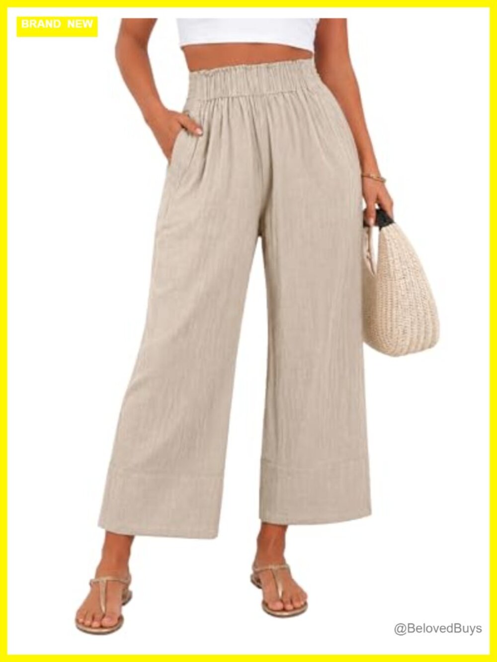 Womens Linen Cotton Wide Leg Cropped Palazzo Pants with Pockets